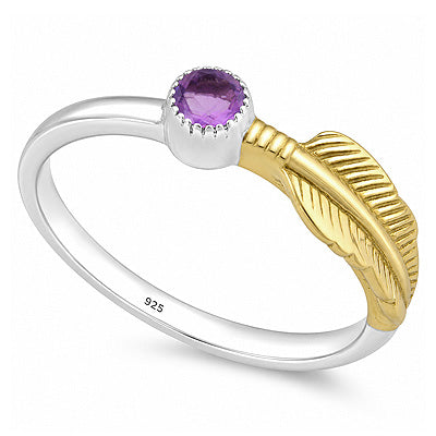 Stunning Leaf Work Around Amethyst Round Shape 929 Sterling Solid Silver & Brass Ring - R1002108-3
