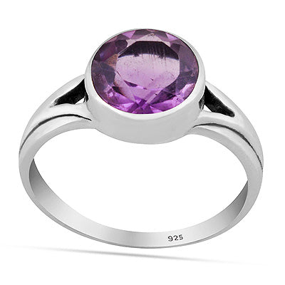 Beautiful Collet Setting Amethyst Round Shape 925 Sterling Solid Silver Ring - R1002140-1