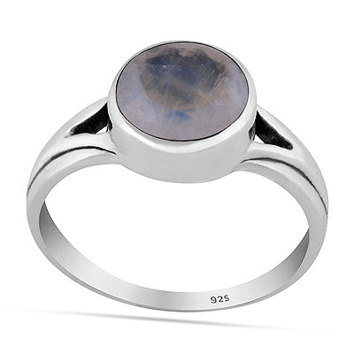 Beautiful Collet Setting Rainbow Moonstone Round Shape 925 Sterling Solid Silver Ring - R1002140-13