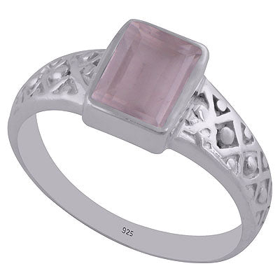 Gorgeous Handwork Pattern Around Rose Quartz Rectangle Shape 925 Sterling Solid Silver Ring - R1002142-31
