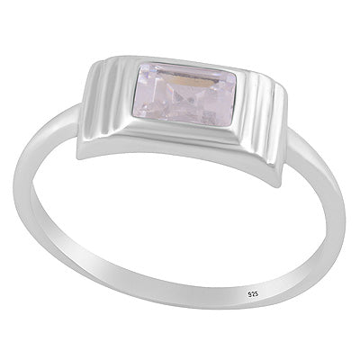 Layered Setting Around White Cubic Zirconia Rectangle Shape 925 Sterling Solid Silver Ring - R1002153-28