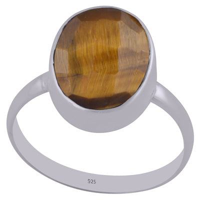 Plain Collet Natural Tiger's Eye Oval Shape 925 Sterling Solid Silver Ring - R1002192-15
