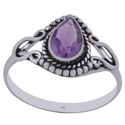 Stunning Twisted Wire & Rawa Work Around Amethyst Pear Shape 925 Sterling Solid Silver Ring - R1002211-6