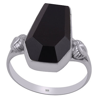Stunning Handcrafted Work Around Black Onyx Coffin Shape 925 Sterling Solid Silver Ring - R1002316-22