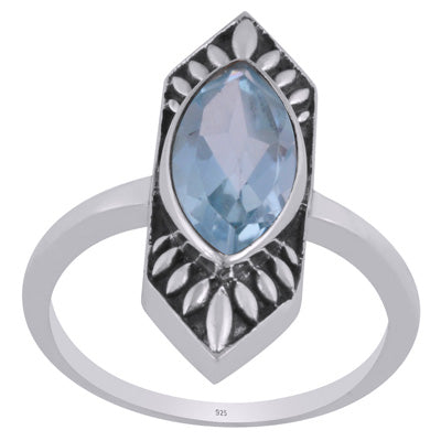 Alluring Oxidised Work Around Blue Topaz Marquise Shap 925 Sterling Solid Silver Ring - R1002343-11