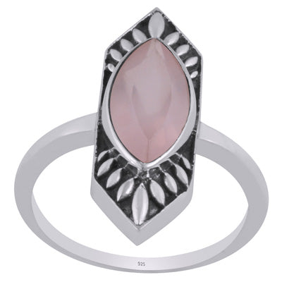 Alluring Oxidised Work Around Rose Quartz Marquise Shap 925 Sterling Solid Silver Ring - R1002343-14