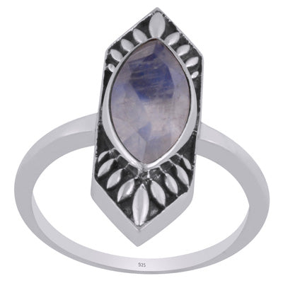 Alluring Oxidised Work Around Rainbow Moonstone Marquise Shap 925 Sterling Solid Silver Ring - R1002343-5