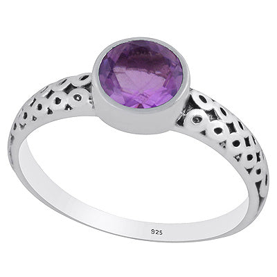 Alluring Oxidised Handcrafted Work Around Amethyst Round Shape 925 Sterling Solid Silver Ring - R1002346-1