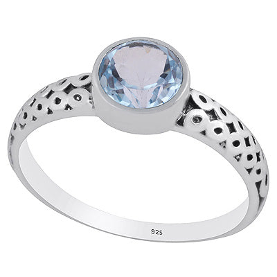 Alluring Oxidised Handcrafted Work Around Blue Topaz Round Shape 925 Sterling Solid Silver Ring - R1002346-12