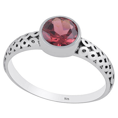Alluring Oxidised Handcrafted Work Around Garnet Round Shape 925 Sterling Solid Silver Ring - R1002346-2