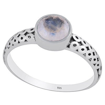 Alluring Oxidised Handcrafted Work Around Rainbow Moonstone Round Shape 925 Sterling Solid Silver Ring - R1002346-5