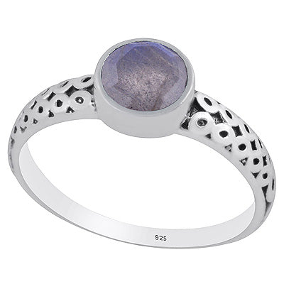 Alluring Oxidised Handcrafted Work Around Labradorite Round Shape 925 Sterling Solid Silver Ring - R1002346-6