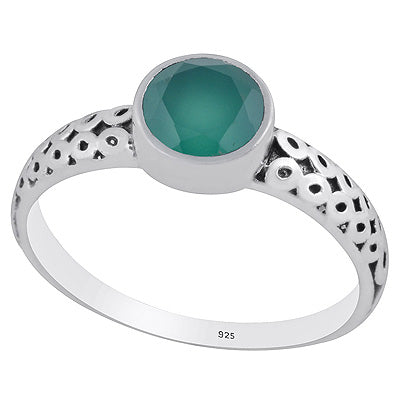 Alluring Oxidised Handcrafted Work Around Green Onyx Round Shape 925 Sterling Solid Silver Ring - R1002346-8