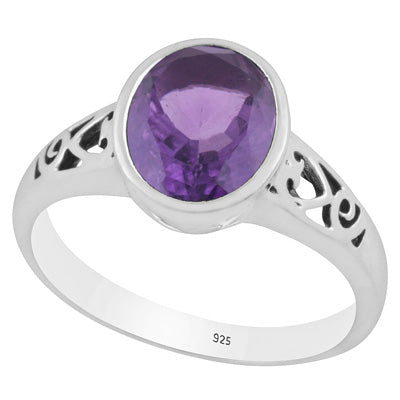 Gorgeous Handcrafted Cut Work Around Amethyst Oval Shape 925 Sterling Solid Silver Ring - R1002347-1