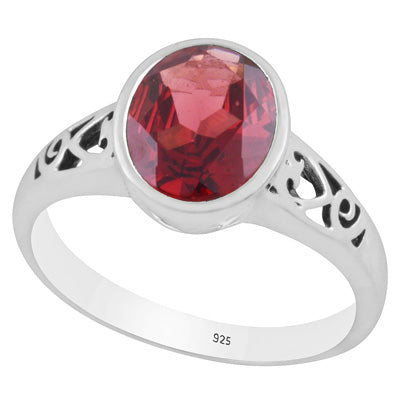 Gorgeous Handcrafted Cut Work Around Garnet Oval Shape 925 Sterling Solid Silver Ring - R1002347-2