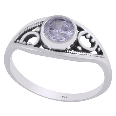 Alluring Handcrafted Rawa Work Around White Cubic Zirconia Round Shape 925 Sterling Solid Silver Ring - R1002348-11