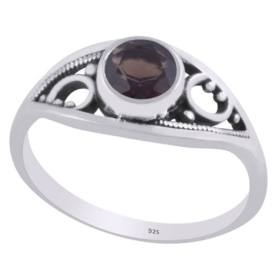 Alluring Handcrafted Rawa Work Around Smoky Topaz Round Shape 925 Sterling Solid Silver Ring - R1002348-7