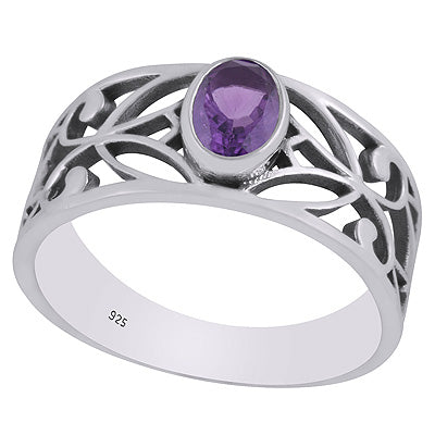 Gorgeous Cut Work Around Amethyst Oval Shape 925 Sterling Solid Silver Ring - R1002355-1