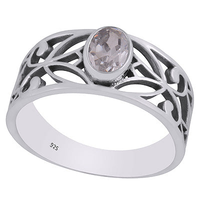 Gorgeous Cut Work Around White Cubic Zirconia Oval Shape 925 Sterling Solid Silver Ring - R1002355-9