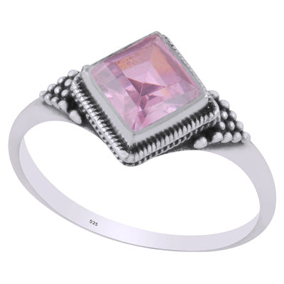 Alluring Rawa Work Around Pink Cubic Zirconia Rhombus Shape 925 Sterling Solid Silver Ring - R1002361-13