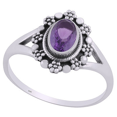 Beautifully Flower Rawa Work Around Amethyst Oval Shape 925 Sterling Solid Silver Rings - R1002362-1
