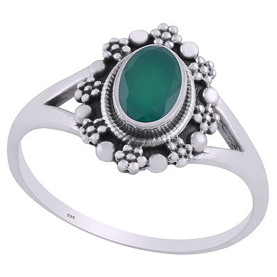 Beautifully Flower Rawa Work Around Green Onyx Oval Shape 925 Sterling Solid Silver Rings - R1002362-10