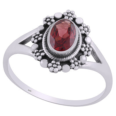 Beautifully Flower Rawa Work Around Garnet Oval Shape 925 Sterling Solid Silver Rings - R1002362-2