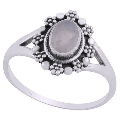Beautifully Flower Rawa Work Around Rainbow Moonstone Oval Shape 925 Sterling Solid Silver Rings - R1002362-5
