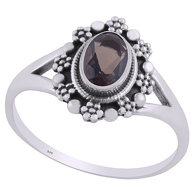 Beautifully Flower Rawa Work Around Smoky Topaz Oval Shape 925 Sterling Solid Silver Rings - R1002362-7