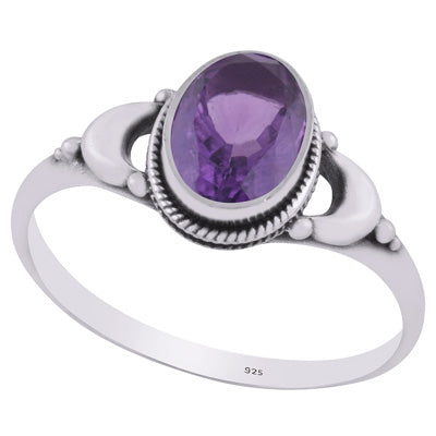 Alluring Crescent Moon Around Amethyst Oval Shape 925 Sterling Solid Silver Ring - R1002365-1