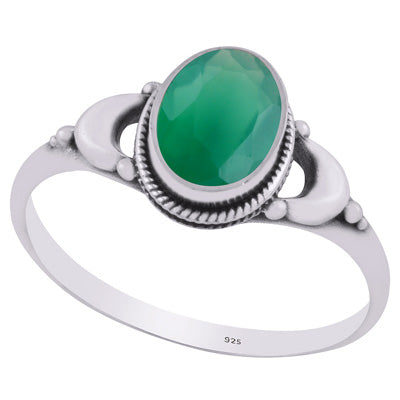 Alluring Crescent Moon Around Green Onyx Oval Shape 925 Sterling Solid Silver Ring - R1002365-10