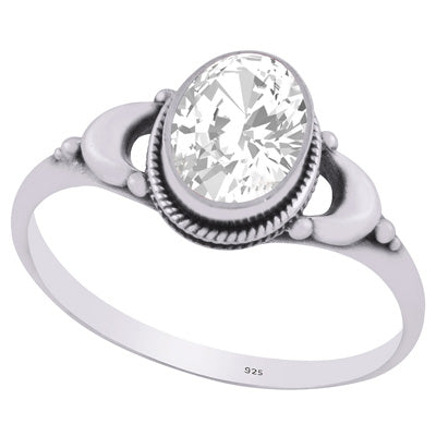 Alluring Crescent Moon Around White Cubic Zirconia Oval Shape 925 Sterling Solid Silver Ring - R1002365-12