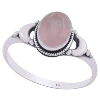 Alluring Crescent Moon Around Rose Quartz Oval Shape 925 Sterling Solid Silver Ring - R1002365-13