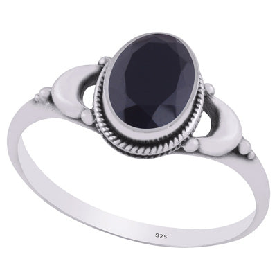 Alluring Crescent Moon Around Black Onyx Oval Shape 925 Sterling Solid Silver Ring - R1002365-14