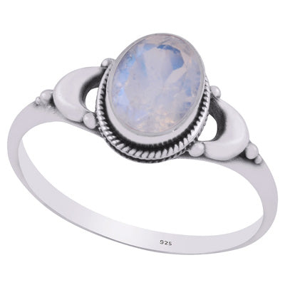Alluring Crescent Moon Around Rainbow Moonstone Oval Shape 925 Sterling Solid Silver Ring - R1002365-5