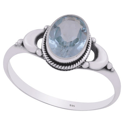 Alluring Crescent Moon Around Blue Topaz Oval Shape 925 Sterling Solid Silver Ring - R1002365-8