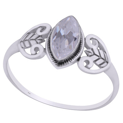 Stunning Leaf Work Around White Cubic Zirconia Marquise Shape 925 Sterling Solid Silver Ring - R1002372-12