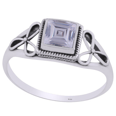 Gorgeous Flower Handcrafted Around White Cubic Zirconia Square Shape 925 Sterling Solid Silver Ring - R1002373-12