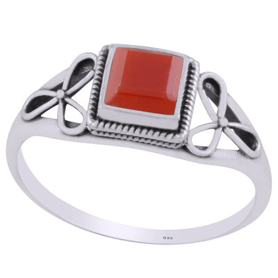 Gorgeous Flower Handcrafted Around Carnelian Square Shape 925 Sterling Solid Silver Ring - R1002373-14