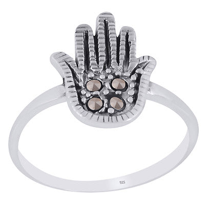 Beautiful Hand of Hamasa Around Marcasite Round Shape 925 Sterling Solid Silver Ring - R1002381-1