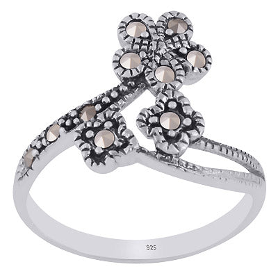 Gorgeous Oxidised Flower W/ Gemstone Marcasite Round Shape 925 Sterling Solid Silver Ring - R1002388-1