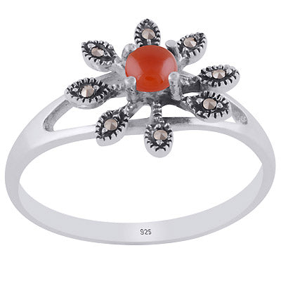 Stunning Oxdised Flower Patter Around Marcasite,Carnelian Round Shape 925 Sterling Solid Silver Ring - R1002392-2
