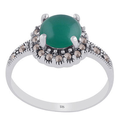 Gorgeous Oxidised Marcasite,Green Onyx Round Shape 925 Sterling Solid Silver Ring - R1002394-3