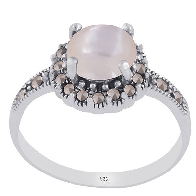 Gorgeous Oxidised Marcasite,Mother of Pearl Round Shape 925 Sterling Solid Silver Ring - R1002394-5