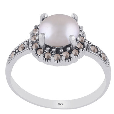 Gorgeous Oxidised Marcasite,Pearl Round Shape 925 Sterling Solid Silver Ring - R1002394-6