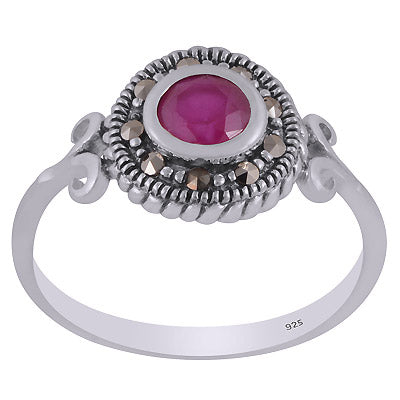 Stunning oxidised Work Around Marcasite,Red Corundum Round Shape 925 Sterling Solid Silver Ring - R1002396-1