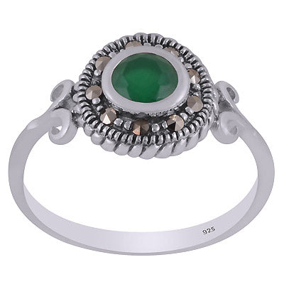 Stunning oxidised Work Around Marcasite,Green Corundum Round Shape 925 Sterling Solid Silver Ring - R1002396-2
