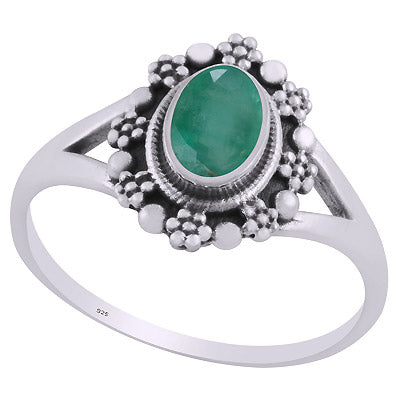 Beautifully Flower Rawa Work Around Zambian Emerald Oval Shape 925 Sterling Solid Silver Silver Ring - R1002415-1