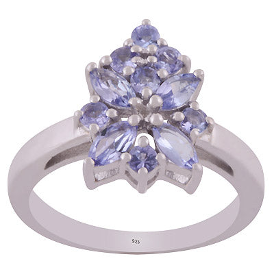 Gorgeous Flower Design Tanzanite Round,Marquise Shape 925 Sterling Solid Silver Rhodium Plated Ring - R1002418-1