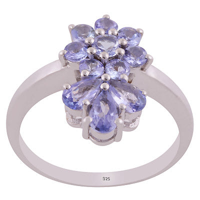 Alluring Petal Design Tanzanite Pear,Round Shape 925 Sterling Solid Silver Rhodium Plated Ring - R1002419-1